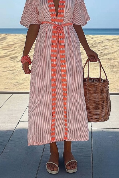 Vacation Casual Dress Orange Stripe Deep V Tie-Up Maxi Dress