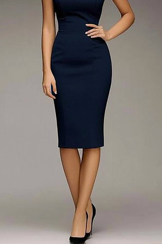 Work Semi-Formal Dress Navy Asymmetrical Neck Knee-Length Dress