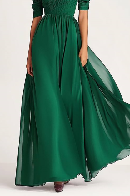 Formal Evening Gown Dark Green Off-Shoulder Chiffon Short Sleeve Maxi Dress