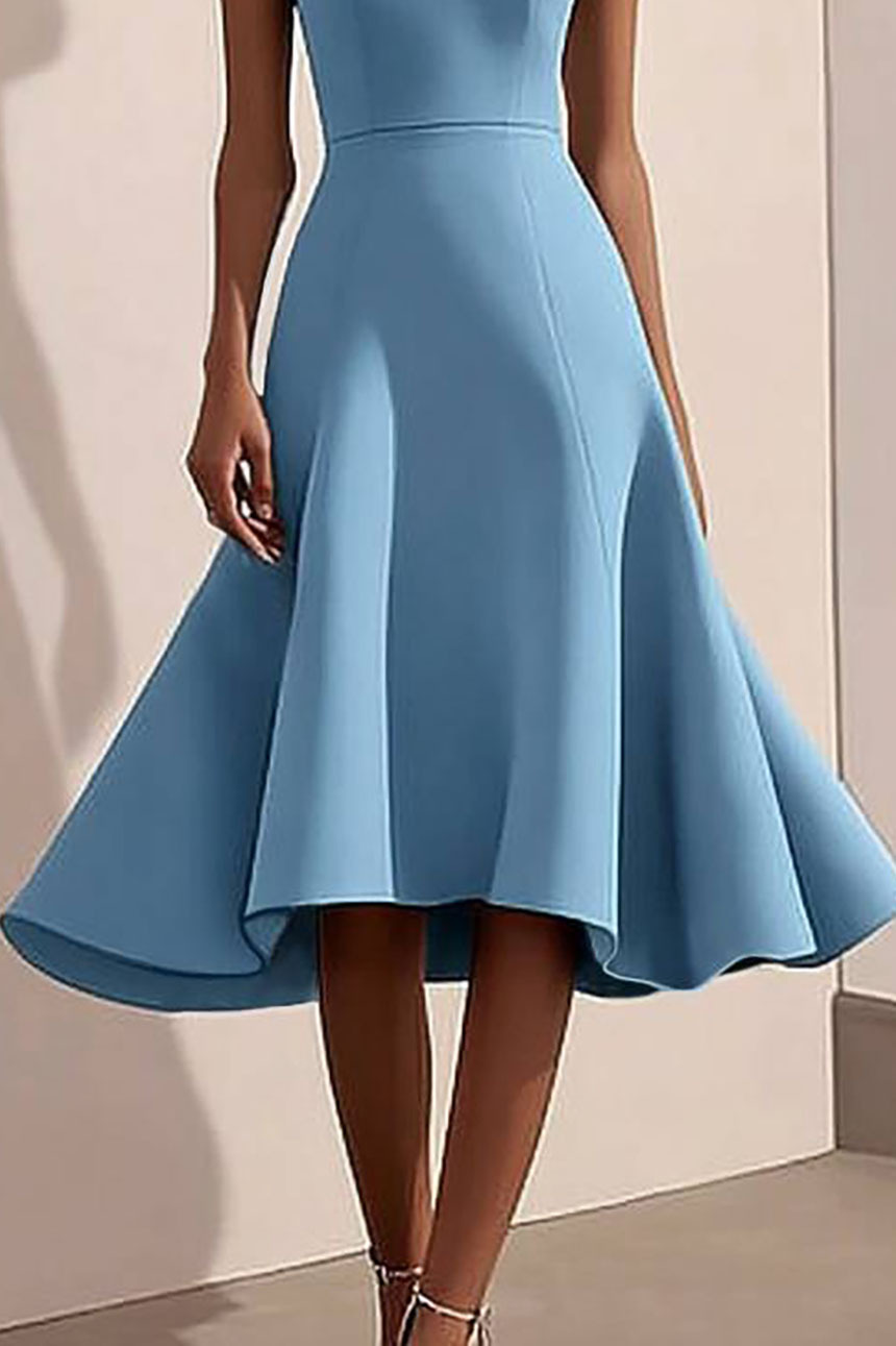 Cocktail Party Dress Boat Neck Light Blue Midi Dress