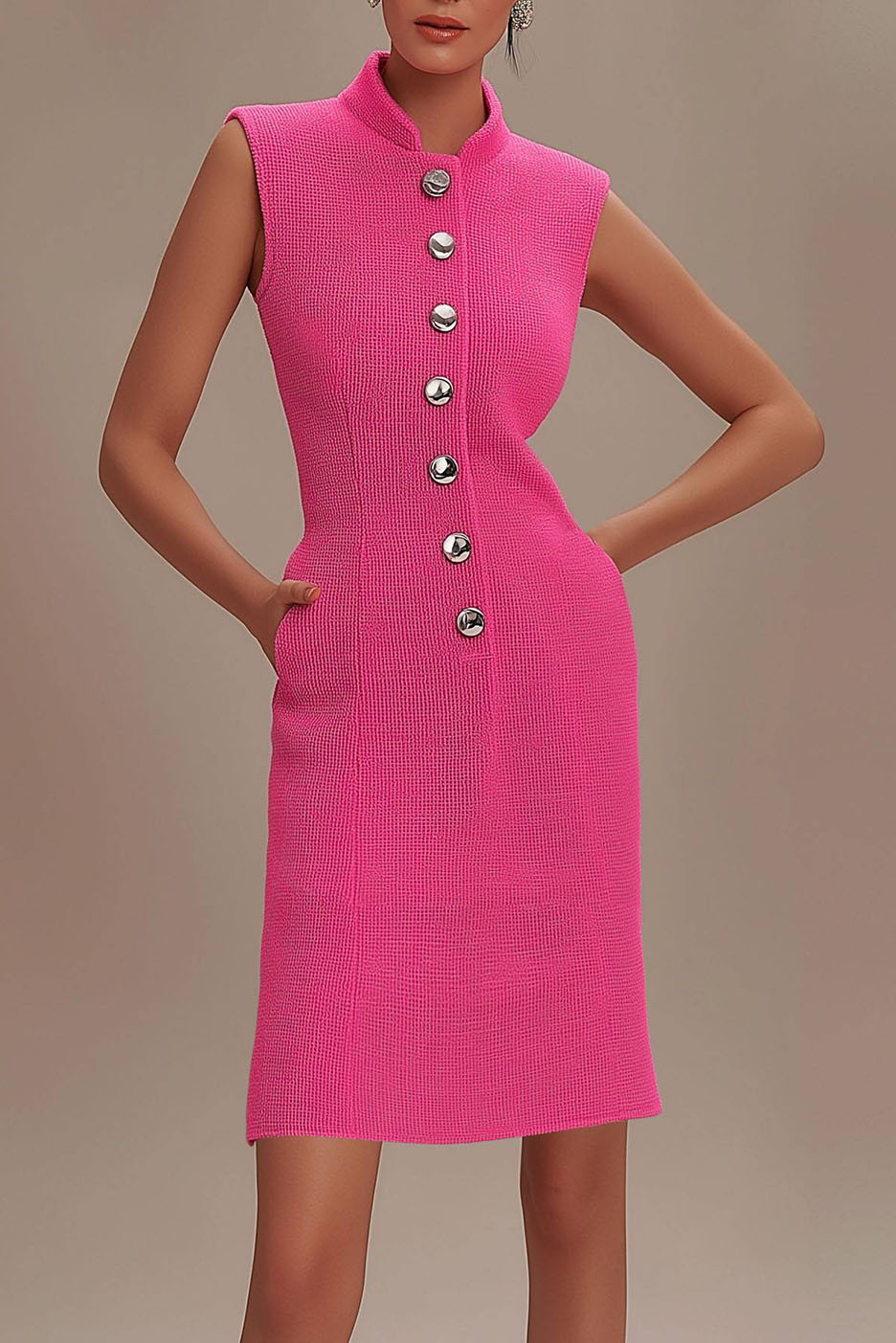 Work Dress Pink Sleeveless Buttoned Pocket Mini Dress