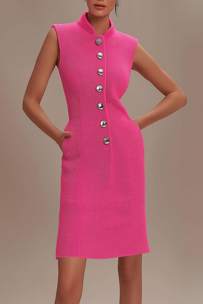 Work Dress Pink Sleeveless Buttoned Pocket Mini Dress