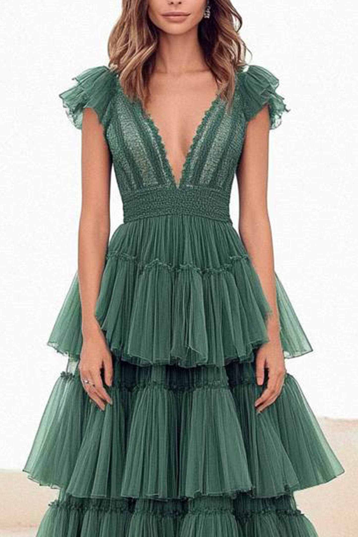 Cocktail Party Dress Green V-Neck Ruffle Multi-Layer Maxi Dress