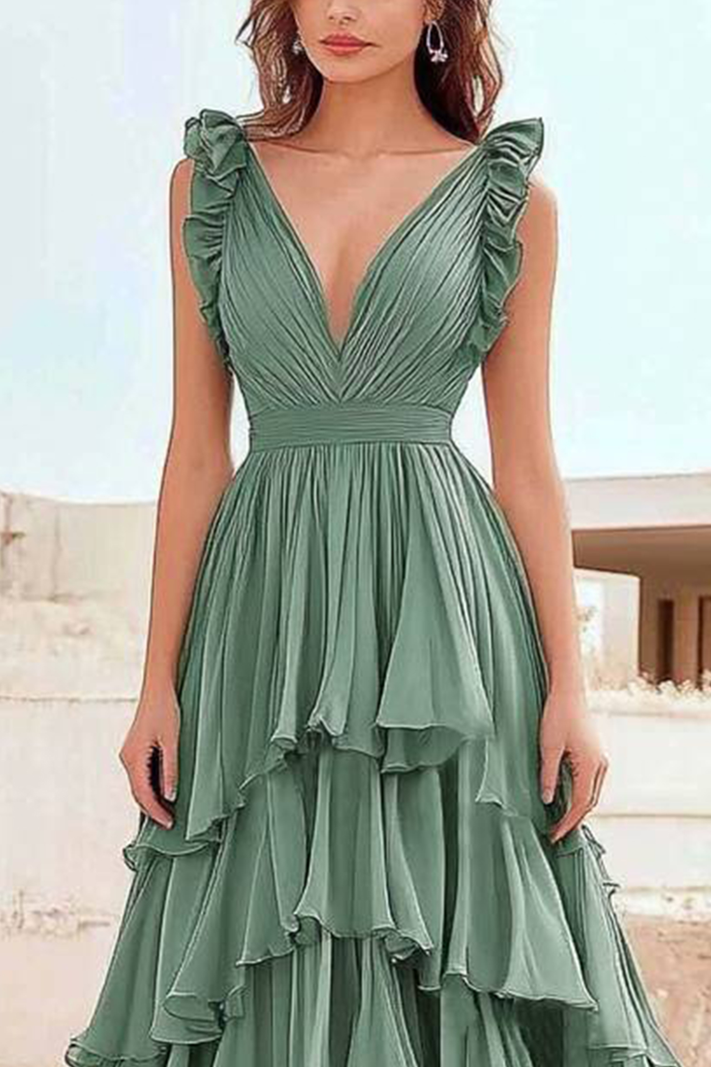 Party Prom Dress Green Ruffle Pleated V-Neck Floor Length Dress