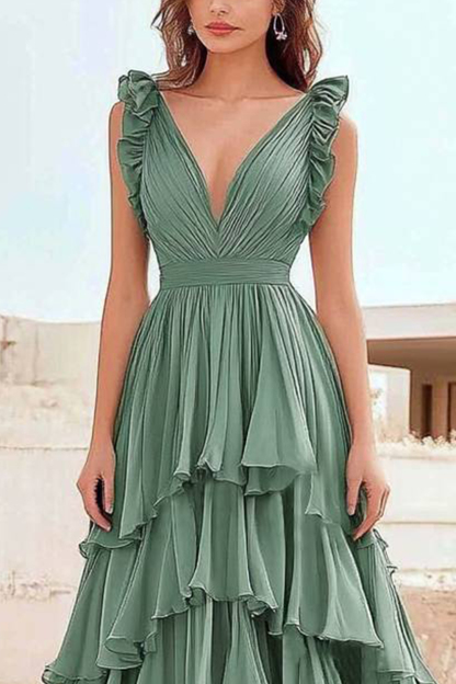 Party Prom Dress Green Ruffle Pleated V-Neck Floor Length Dress