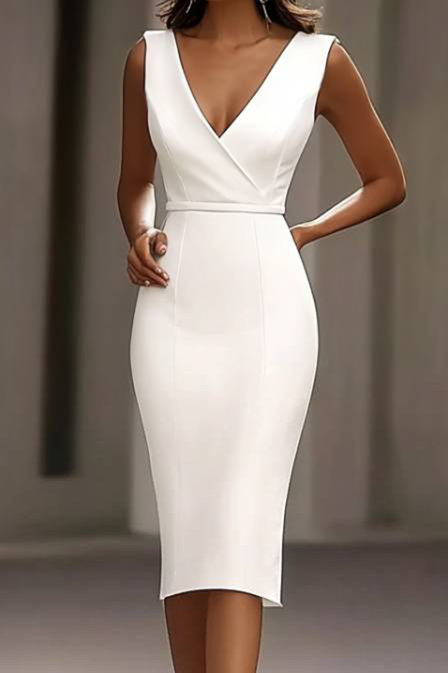Semi-Formal Work Dress White V-Neck Straight Midi Dress