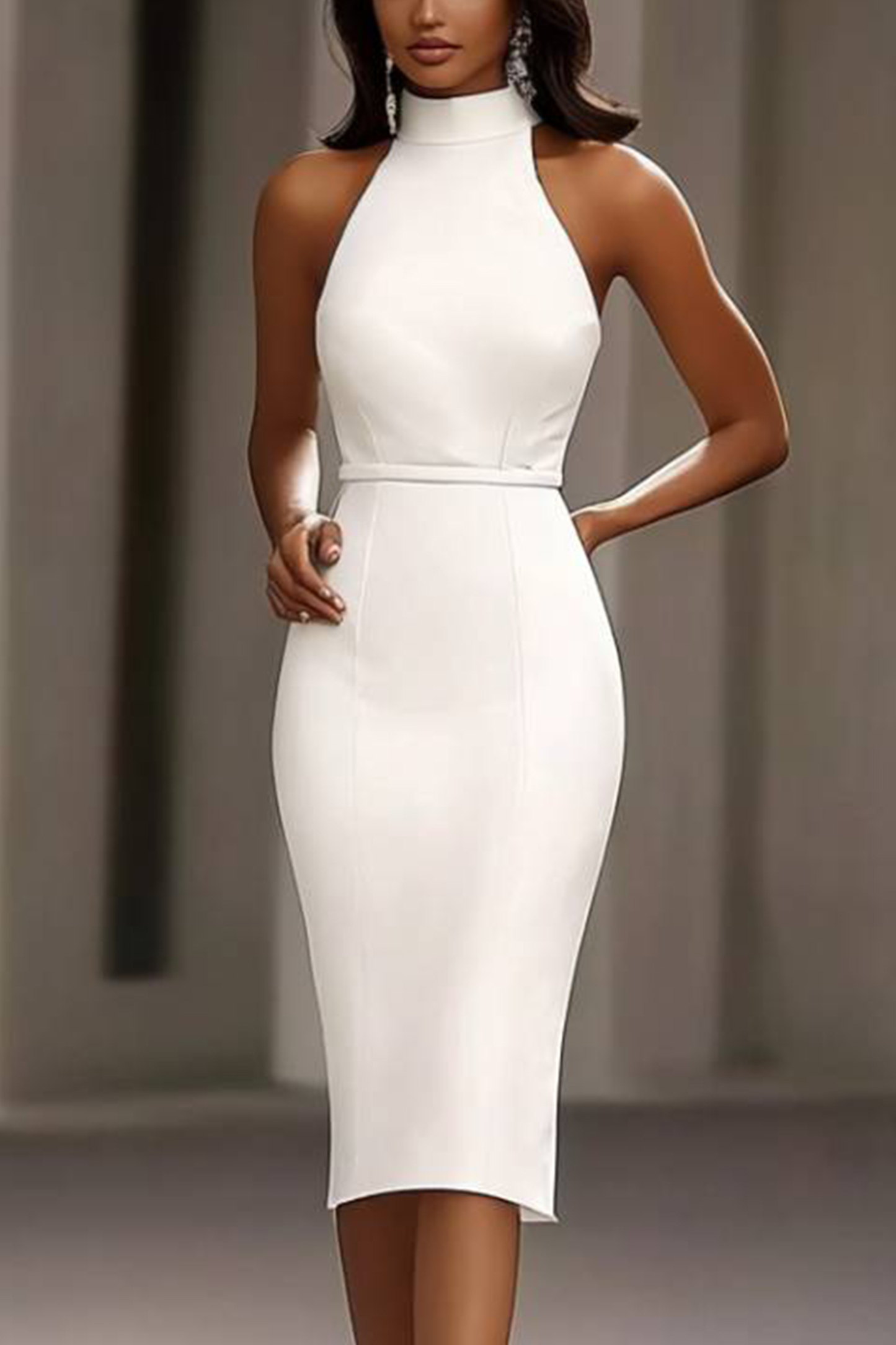 Semi-Formal Party Dress White Halter Neck Knee Length Dress