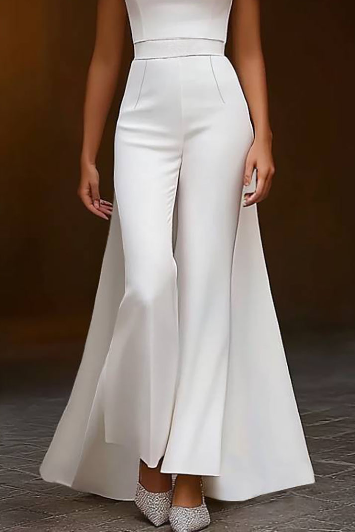 Party Evening Jumpsuit White Round Neck Short Sleeve Cape Long Pants