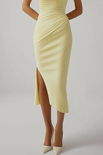 Cocktail Party Dress Light Yellow Round Neck Sleeveless Ruched Slit Midi Dress