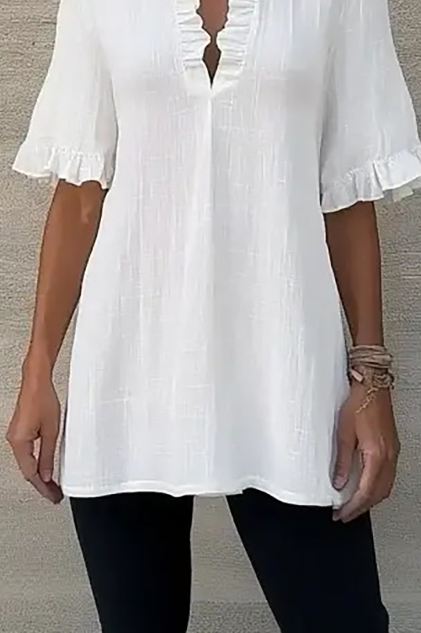 Casual Daily Top White Linen Ruffle V-neck Half-Sleeve Loose Top
