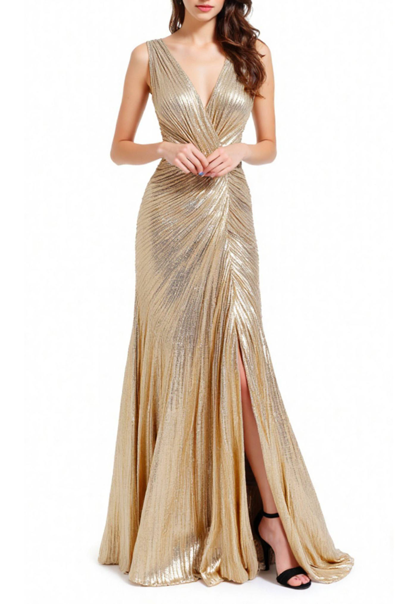 Evening Gold Dress Sleeveless Metallic V-Neck Slit Floor-Length Dress