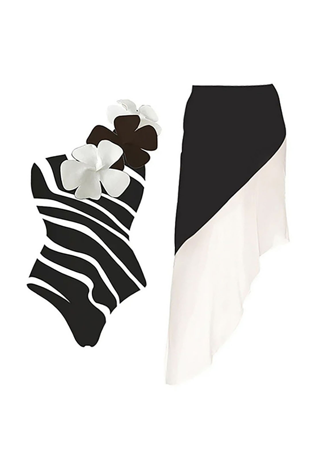 3D Black and White Houndstooth V-Neck One Piece Swimsuit and Wrap Skirt Cover-Up