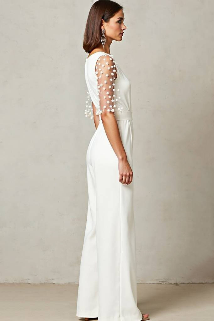 Cocktail Party Jumpsuit White Deep V Sheer Short Sleeve Pearl Wide-Leg Pants