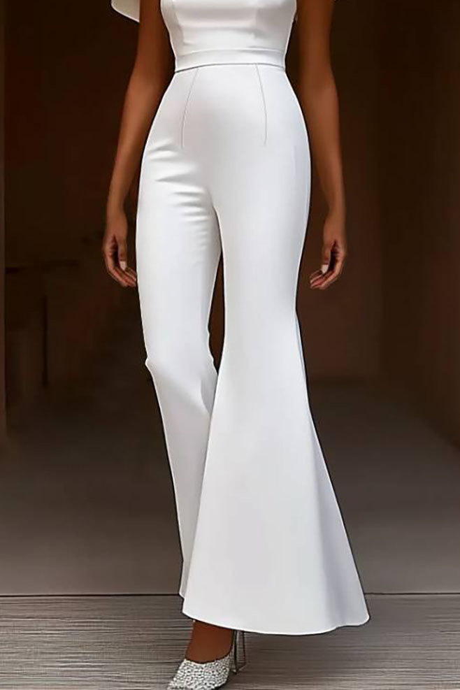 Evening Party Jumpsuit White Cape Sleeve Round Neck Flare Pants