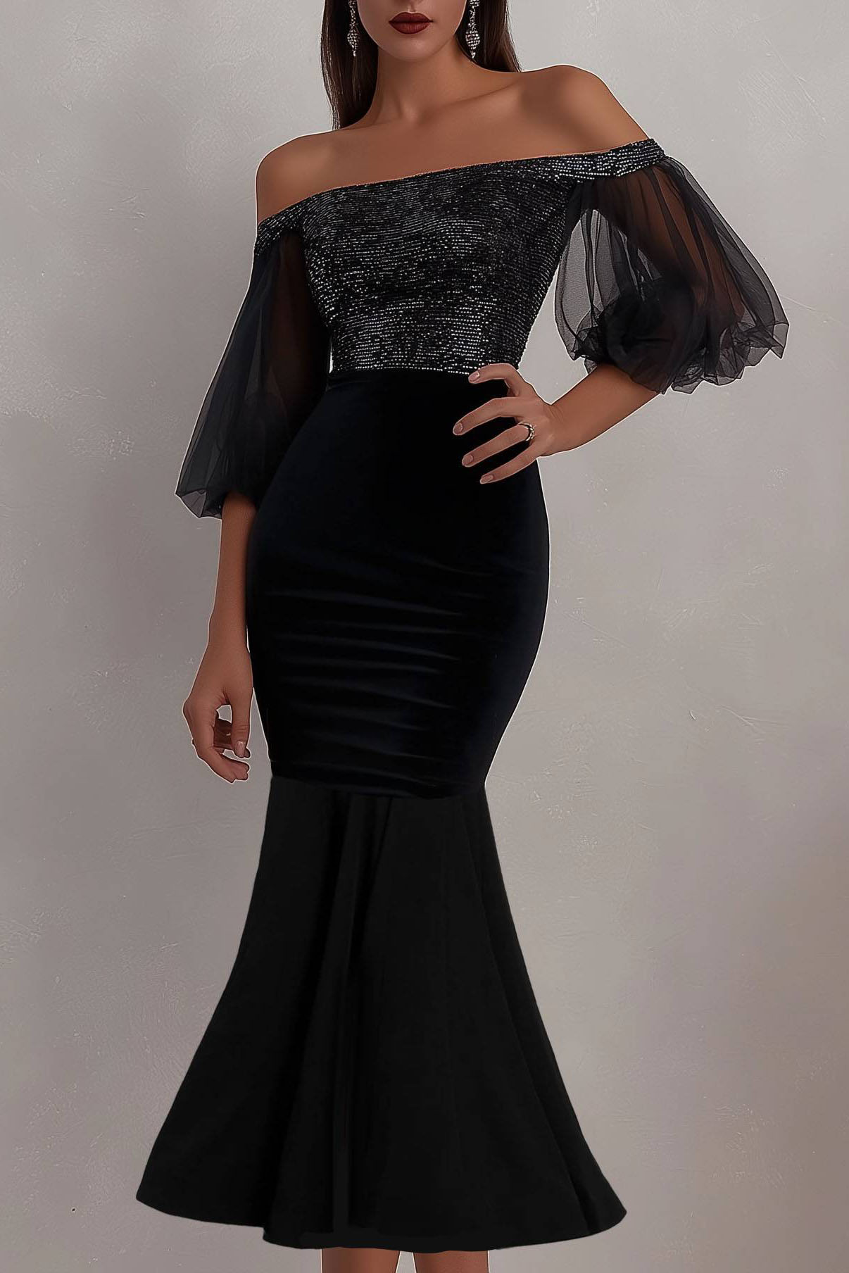 Party Dress Black Off Shoulder Mesh Puff Sleeve Mermaid Midi Dress