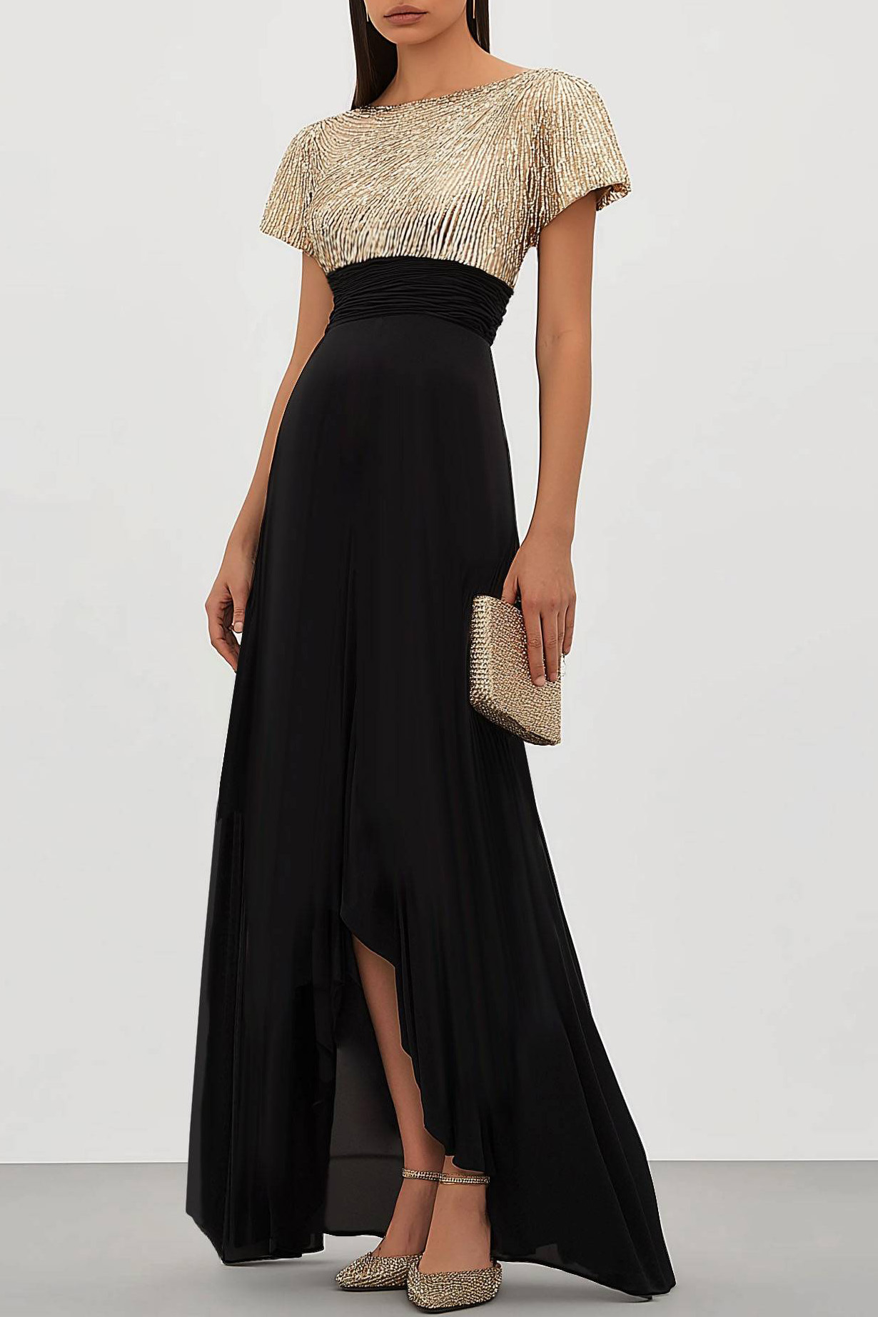Elegant Formal Dress Black Gold Round Neck Metallic Ruched Maxi Dress