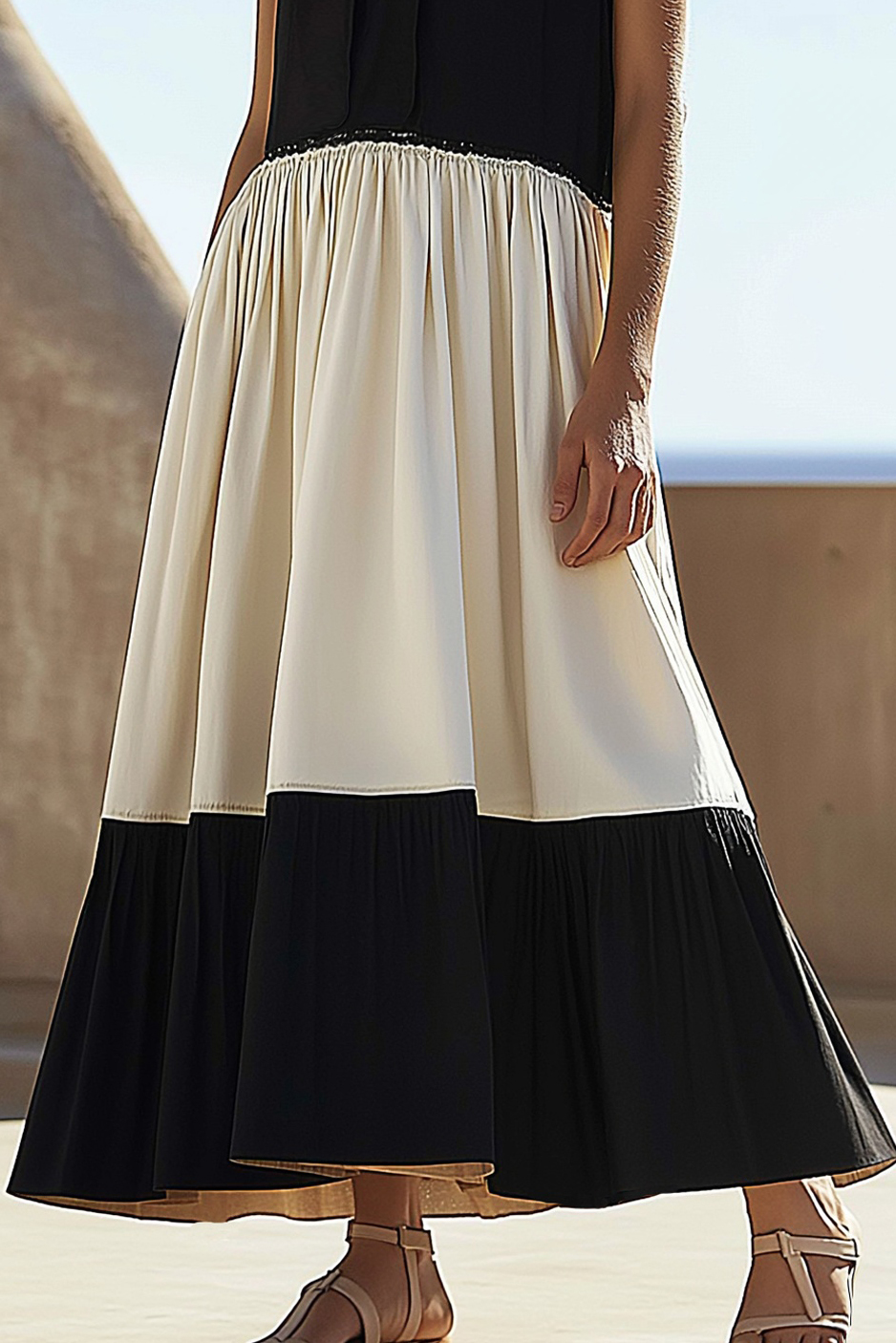 Casual Linen Dress Black White Colorblock Round Neck Sleeveless Maxi Dress