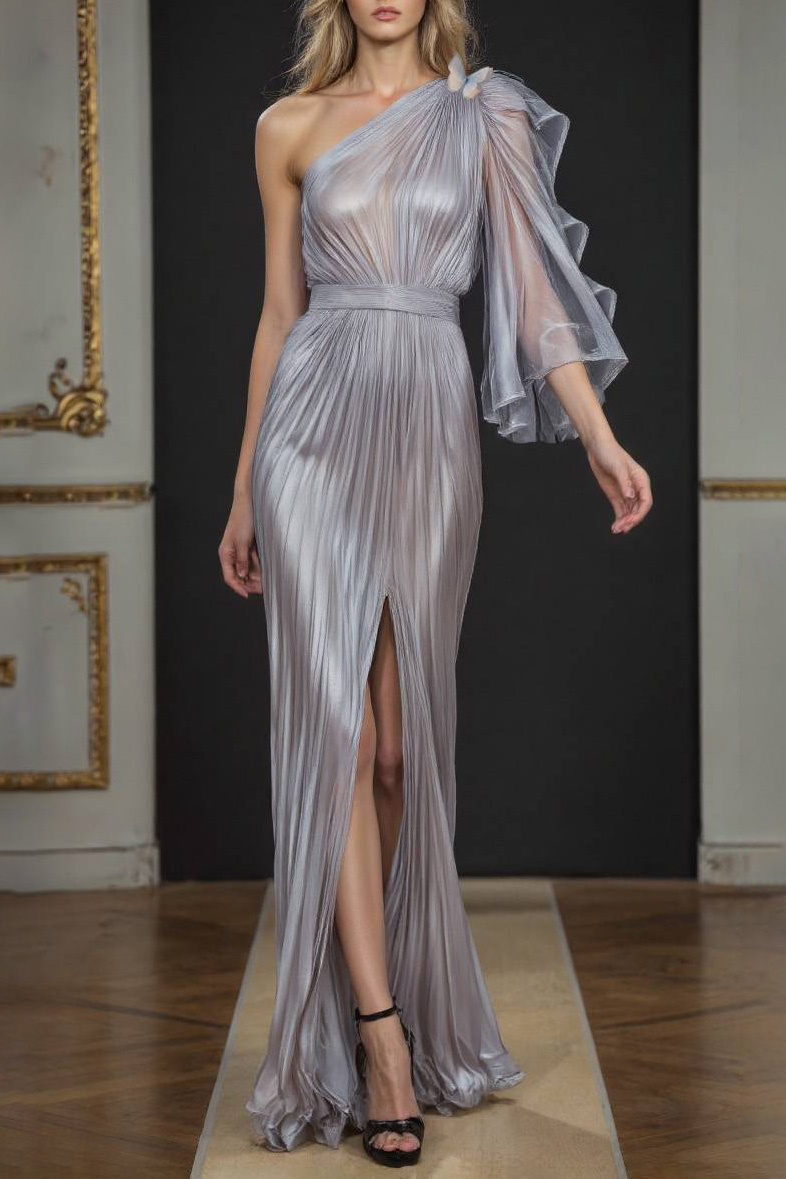 Elegant Party Dress Light Purple One Shoulder Bow High Slit Maxi Dress