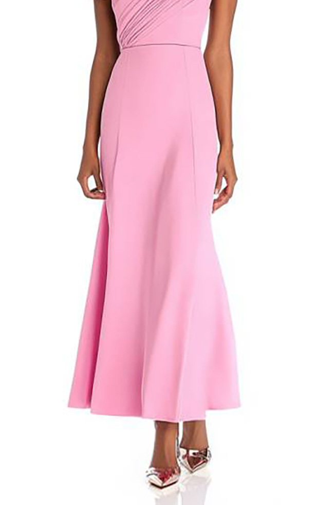 Semi-Formal Cocktail Dress Pink Asymmetrical Sleeve Ruched Maxi Dress