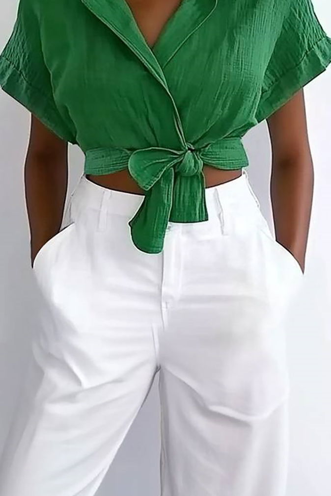 Casual Daily Top Green Linen Collared Short-Sleeve Crop Shirt