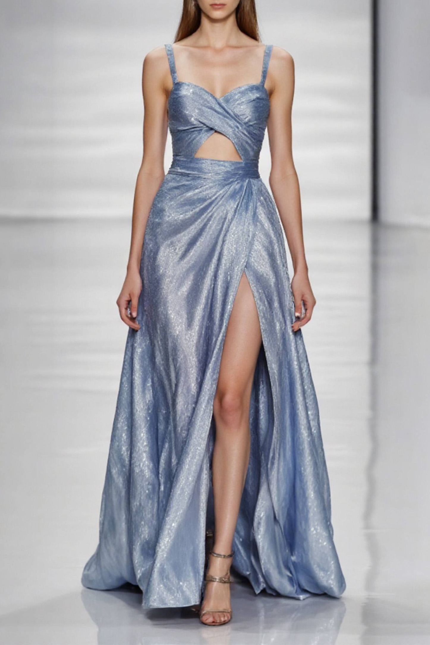 Graduation Party Spaghetti Strap Dress Blue Glossy High Slit Floor-Len