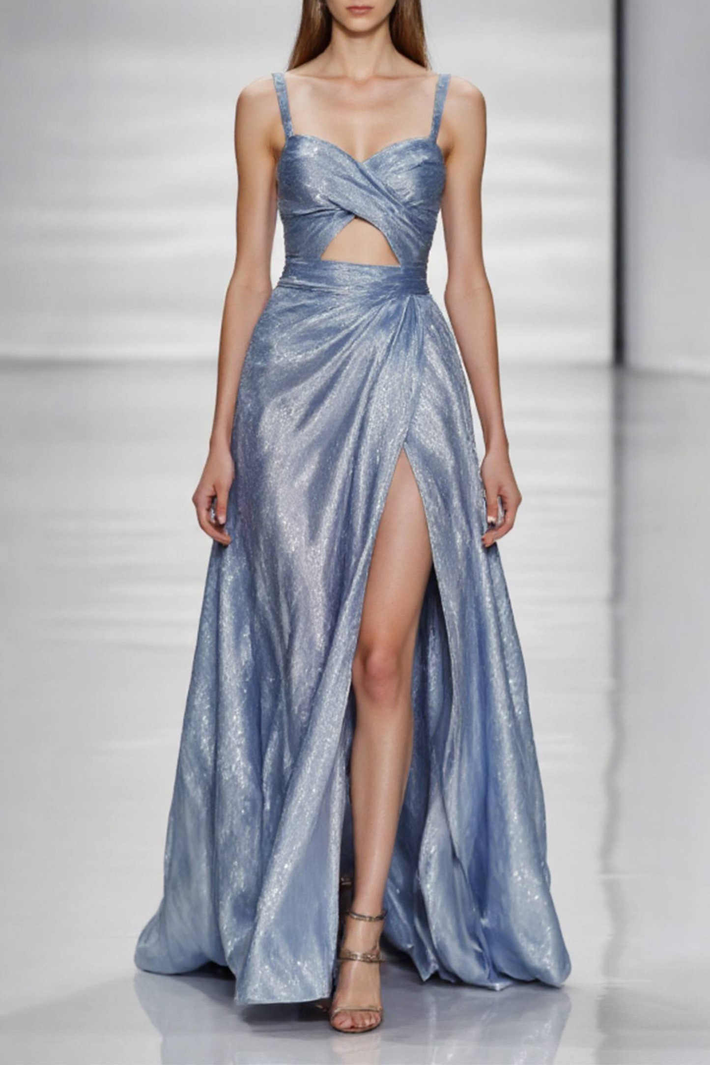 Graduation Party Spaghetti Strap Dress Blue Glossy High Slit Floor-Len
