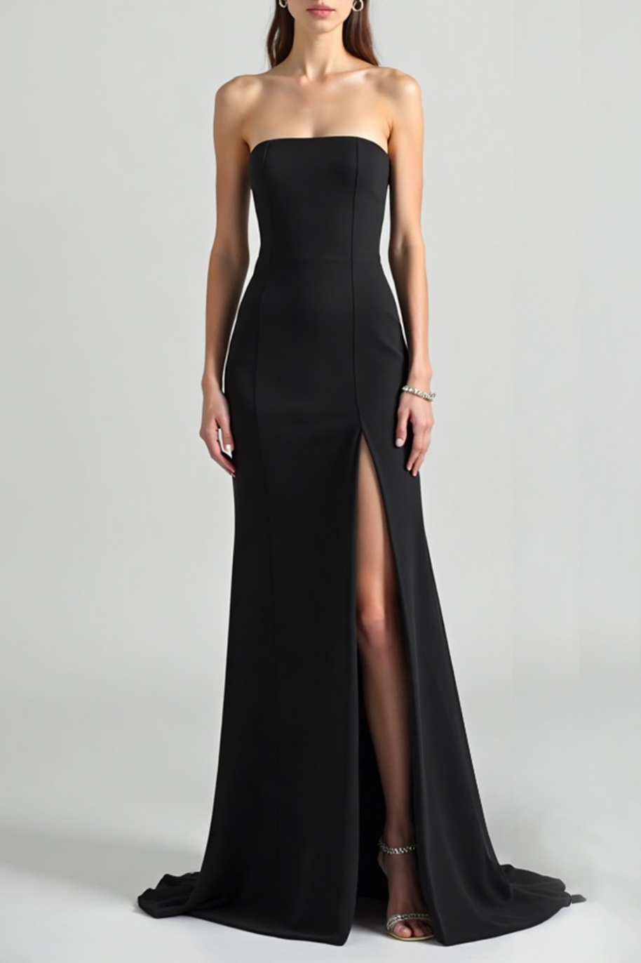 Formal Evening Solid Dress Black Off Shoulder High Slit Floor-Length D
