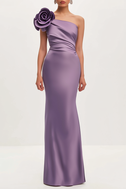 Formal Evening Satin Dress Purple One Shoulder 3D Floral Floor-Length Dress