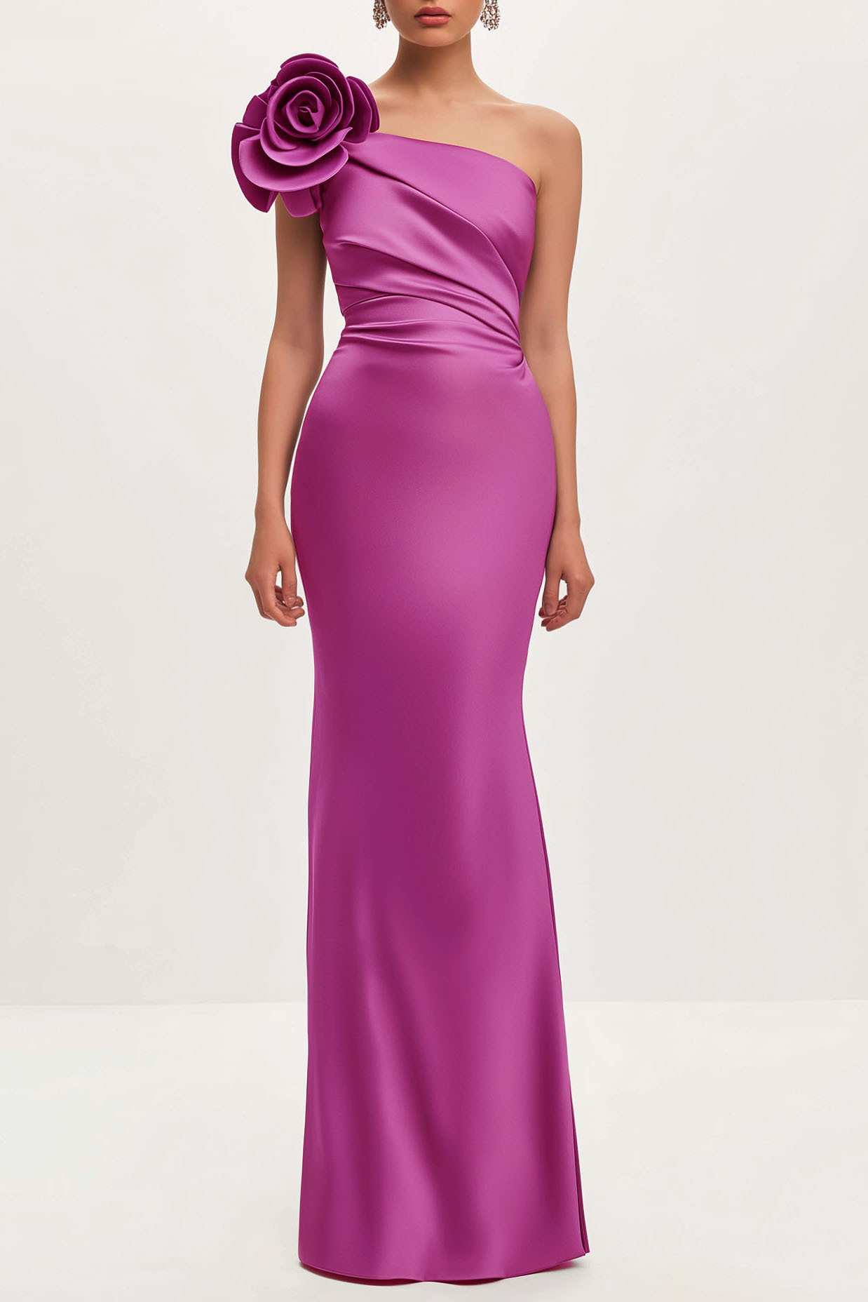 Formal Evening Satin Dress Purple One Shoulder 3D Floral Floor-Length Dress