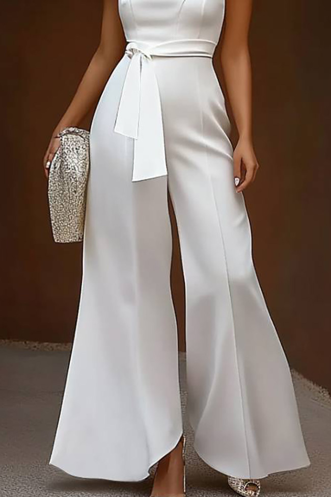 Semi-Formal Work Jumpsuit White Round Neck Belted Wide-Leg Pants