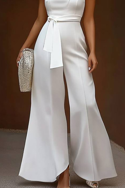 Semi-Formal Work Jumpsuit White Round Neck Belted Wide-Leg Pants