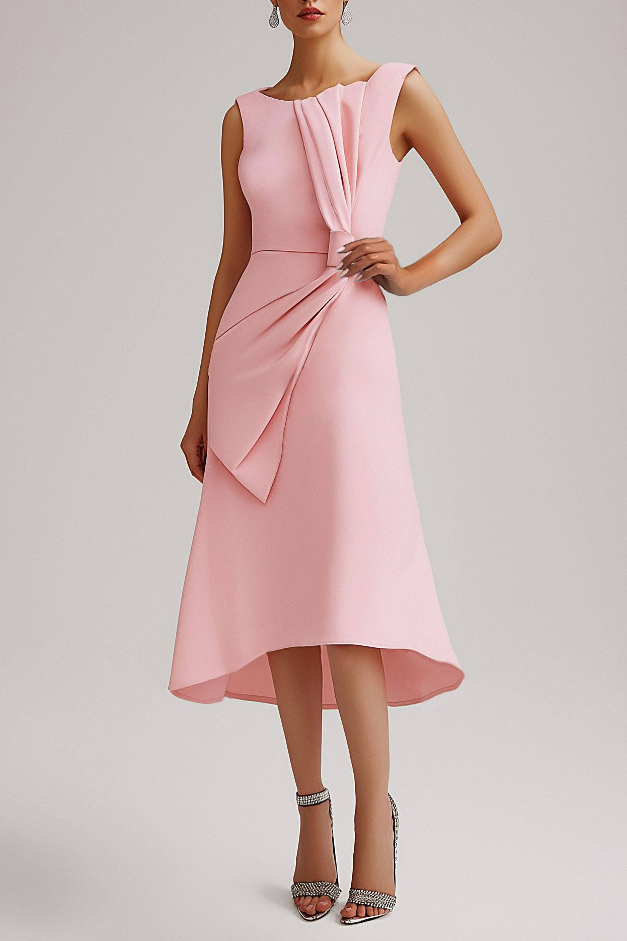 Wedding Guest Semi-Formal Dress Pink Sleeveless Bow Asymmetrical Midi