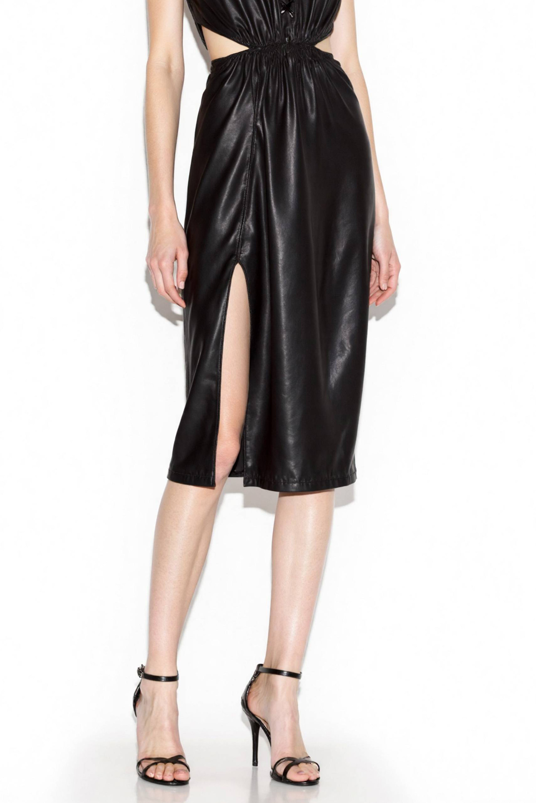 Cocktail Party Dress Halter Black Leather Cutout High Slit Knee-Length Dress