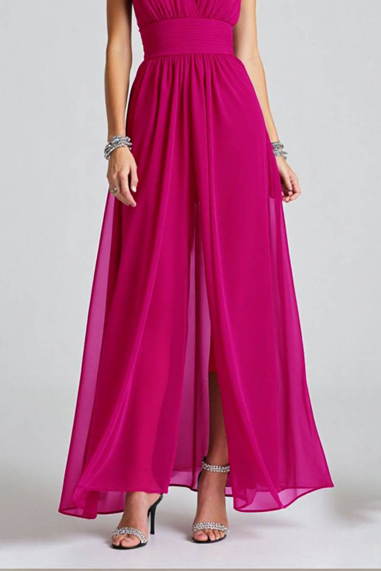 Semi-Formal Party Dress Fuchsia Sleeveless V-Neck Front Slit Chiffon Maxi Dress