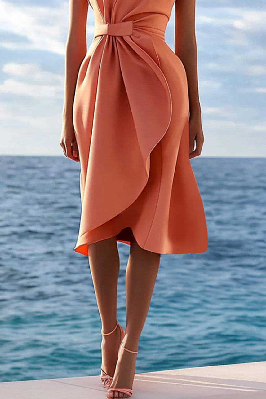 Cocktail Party Strapless Dress Orange Bow Pleated Knee-Length Dress