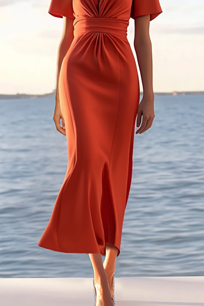 Semi-Formal Party Dress Orange Deep V Midi Dress