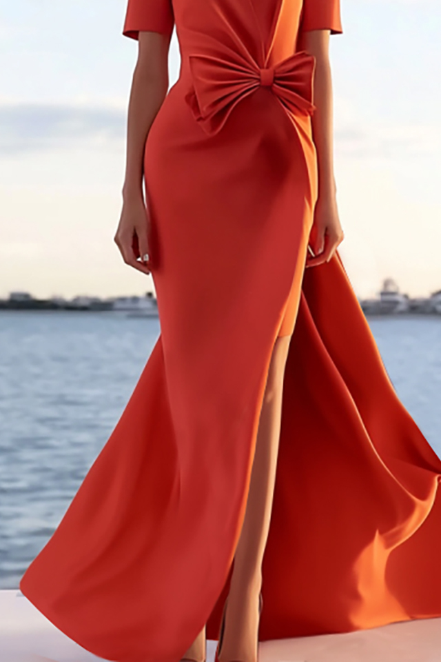 Formal Evening Dress Orange V-Neck Waist Bow Side Slit Floor-Length Dress