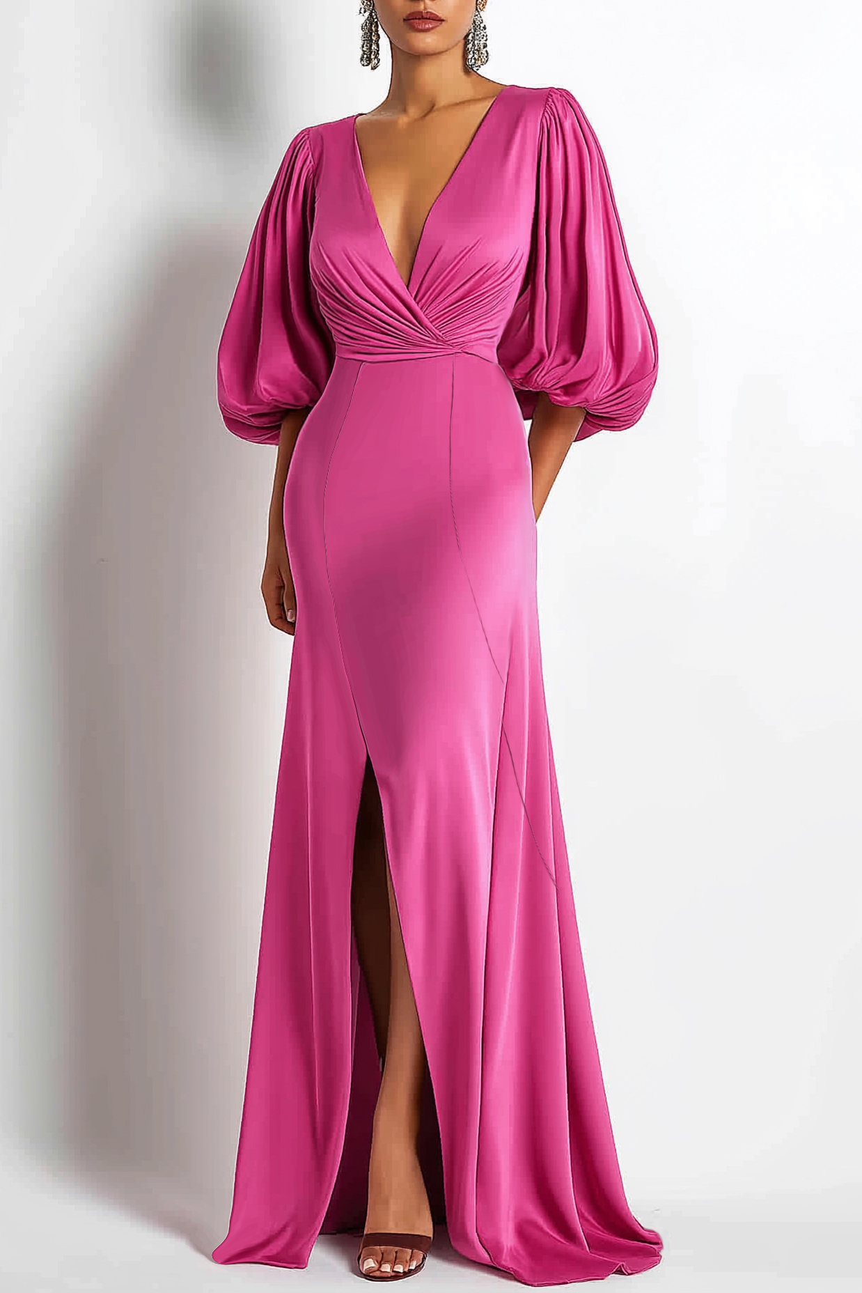 Formal Purple Gown Deep V Bubble Sleeve Side Slit Floor-Length Dress