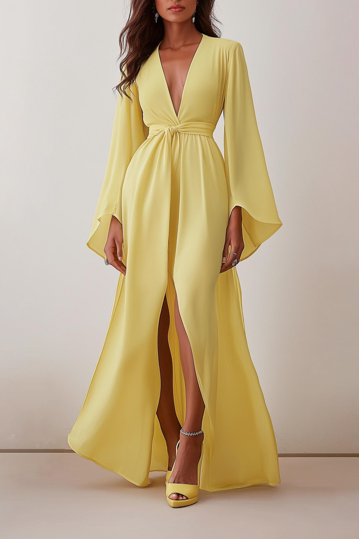 Party Yellow Dress Deep V Tie Waist Bell Sleeve Loose Floor-Length Dre