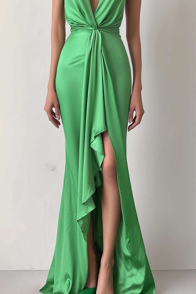 Party Satin Dress Green Deep V Sleeveless Draped Floor-Length Gown