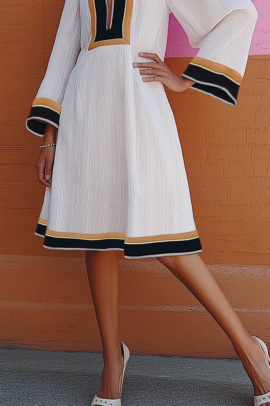 Bohemian Casual Dress White Deep V Knee-Length Dress