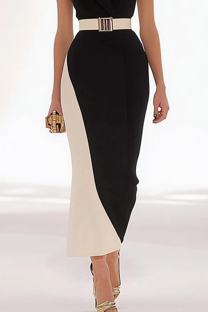 Work Semi-Formal Dress Colorblock Lapel Short Sleeve Belted Maxi Dress