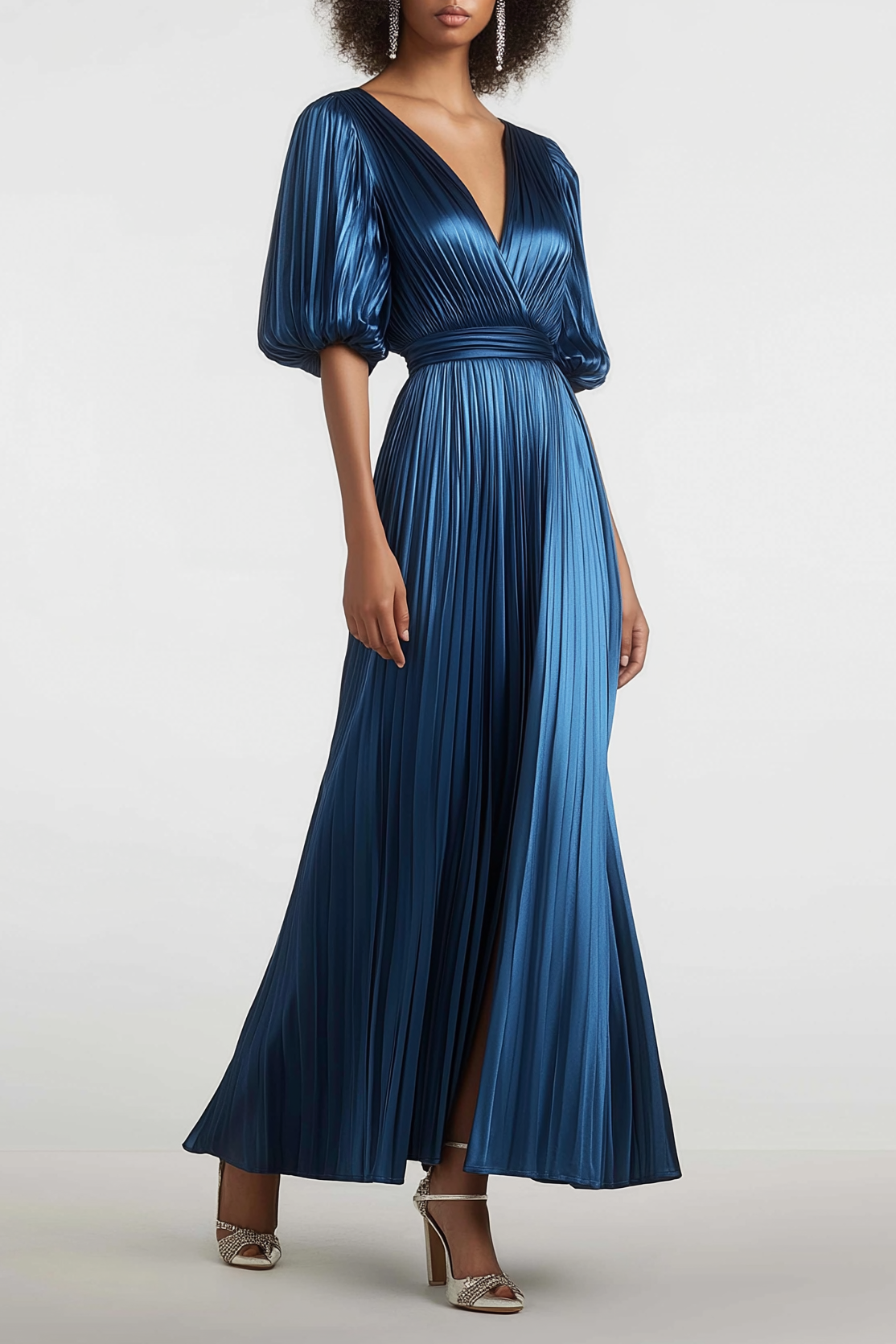 Party Dress Blue Deep V Bubble Sleeve Metallic Fabric Maxi Dress