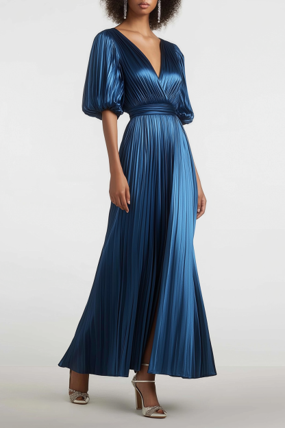 Party Dress Blue Deep V Bubble Sleeve Metallic Fabric Maxi Dress