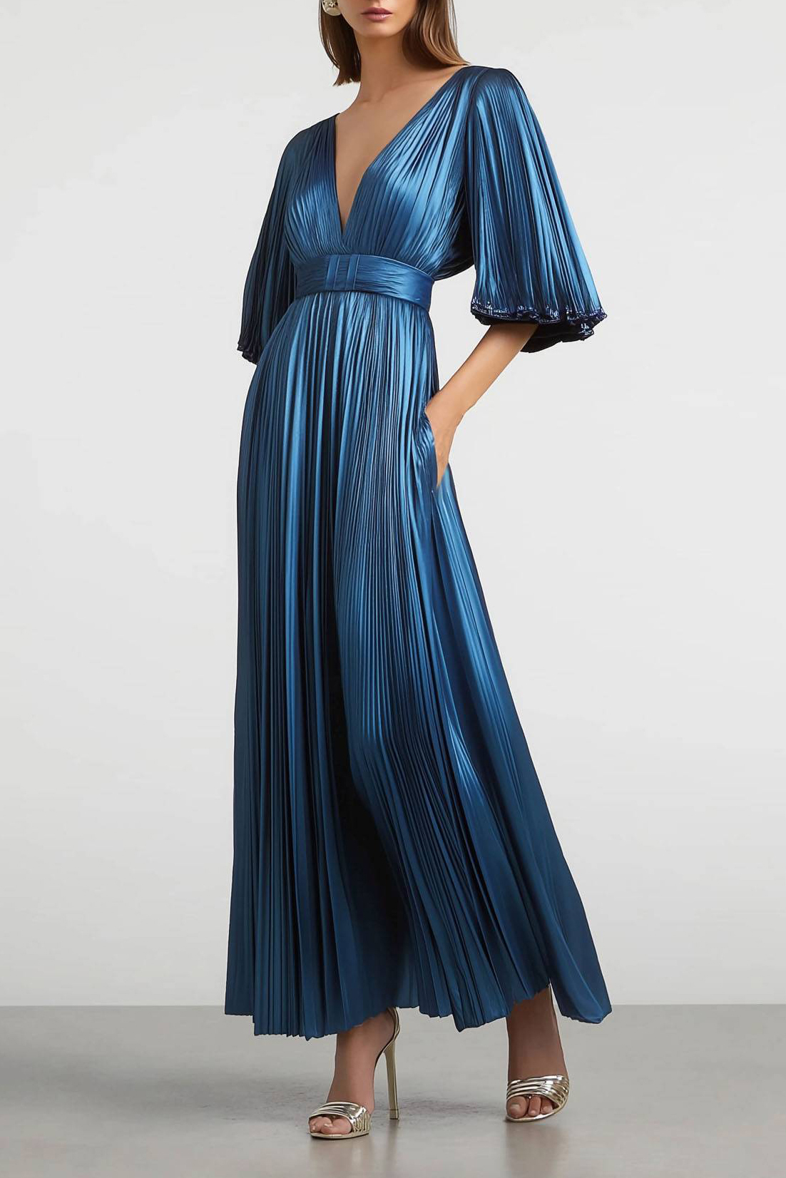 Semi-Formal Party Dress Blue Deep V Metallic Pleated Fabric Pocketed M