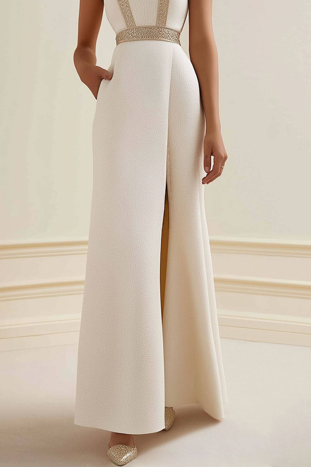 Semi-Formal Party Dress Beige Sleeveless Pocketed Side Slit Maxi Dress