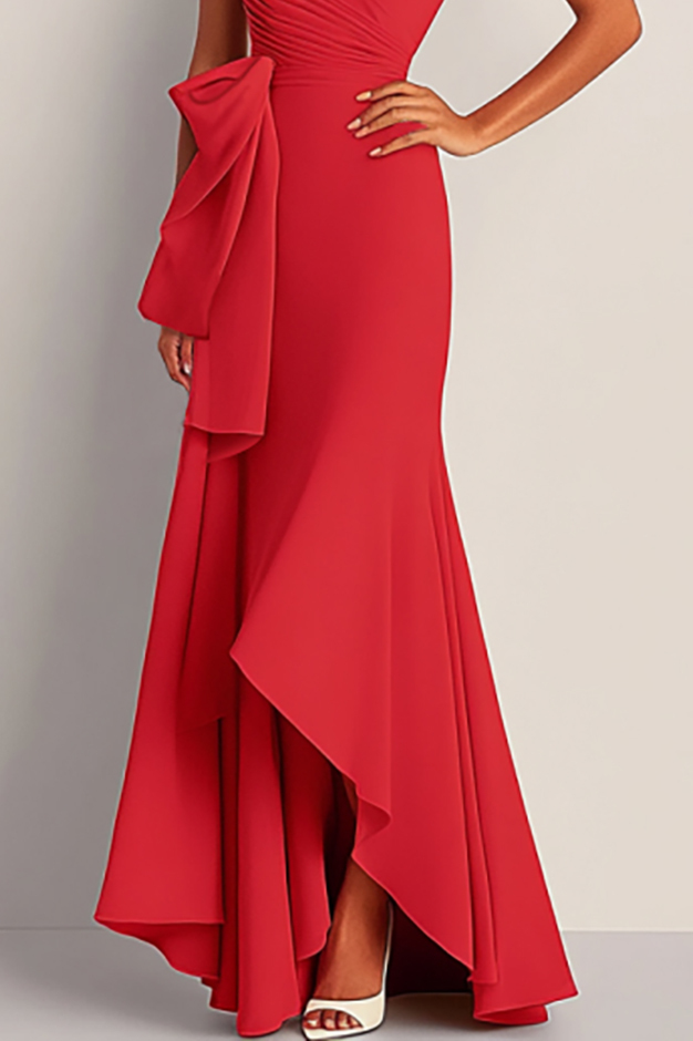 Formal Dress Red Strapless Pleated Waist Draped Floor-Length Gown