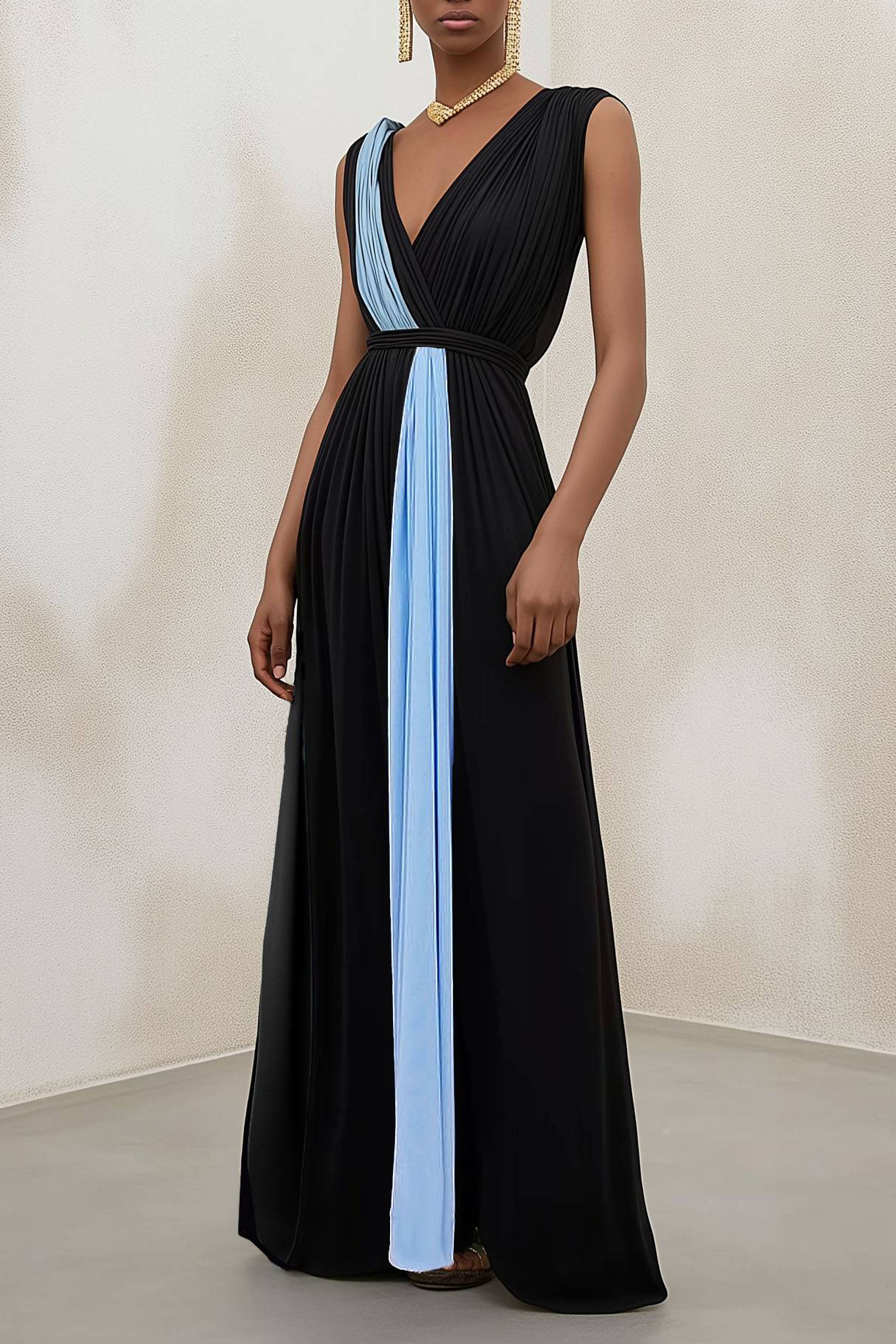 Party Colorblock Dress Black V-Neck Sleeveless Pleated Floor-Length Dr