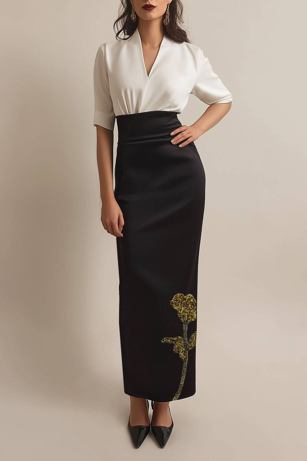 Semi-Formal Party Dress Colorblock Half Sleeve V-Neck Bodycon Maxi Dre