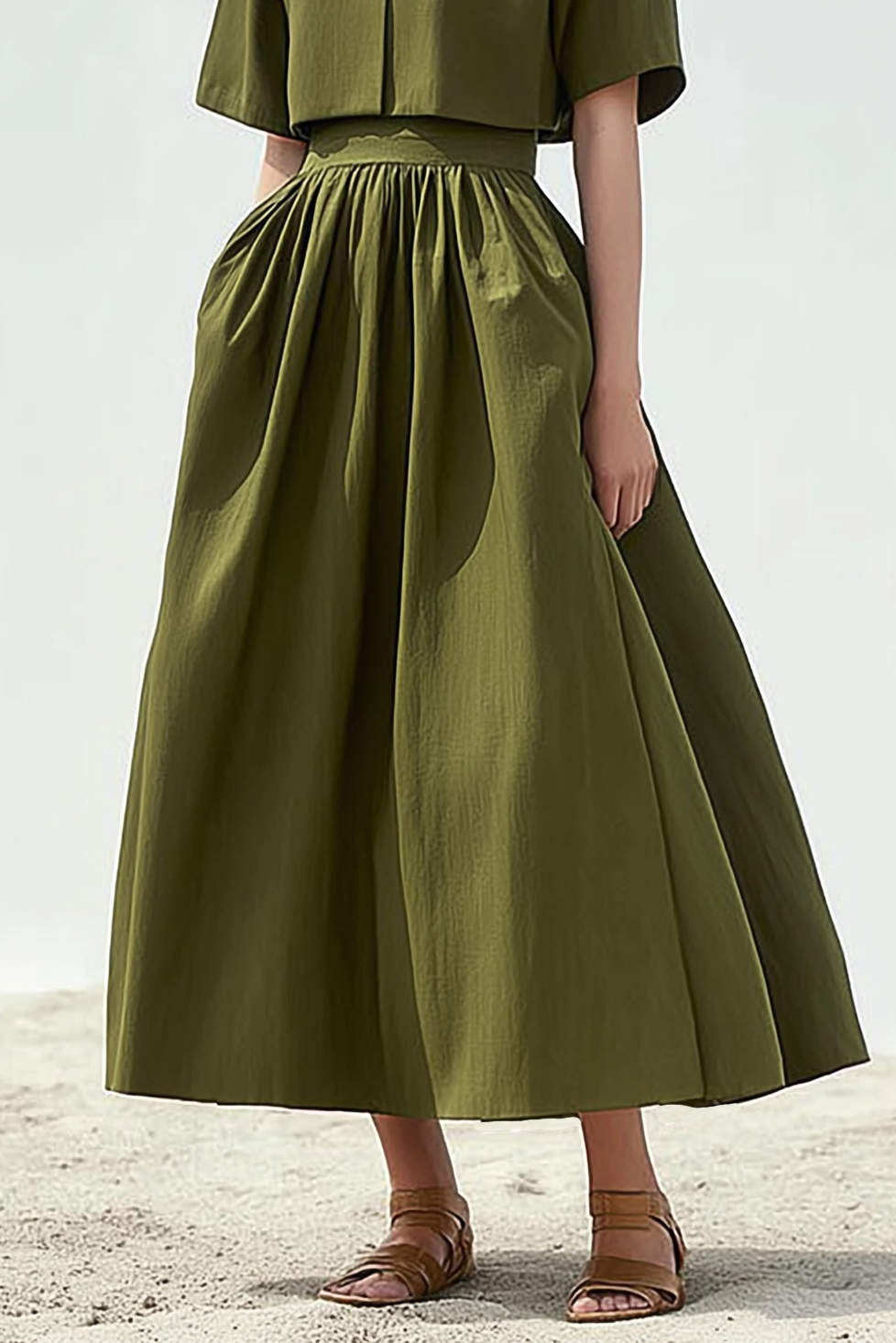 Casual Daily Linen Dress Green Round Neck Maxi Dress
